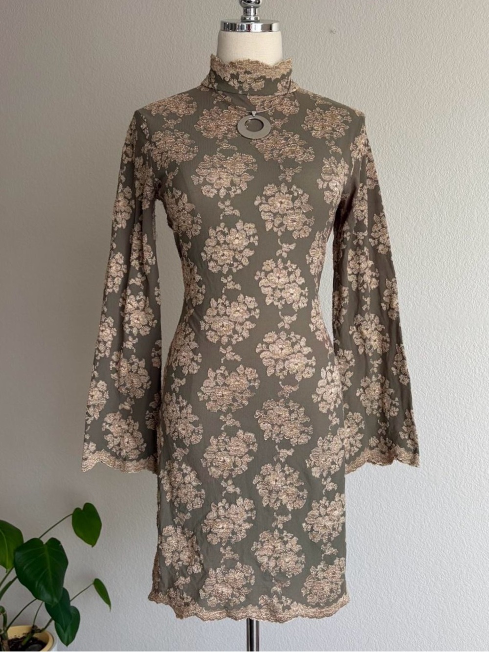 Floral Lace-Trim Mock Neck Dress - Olive Green
